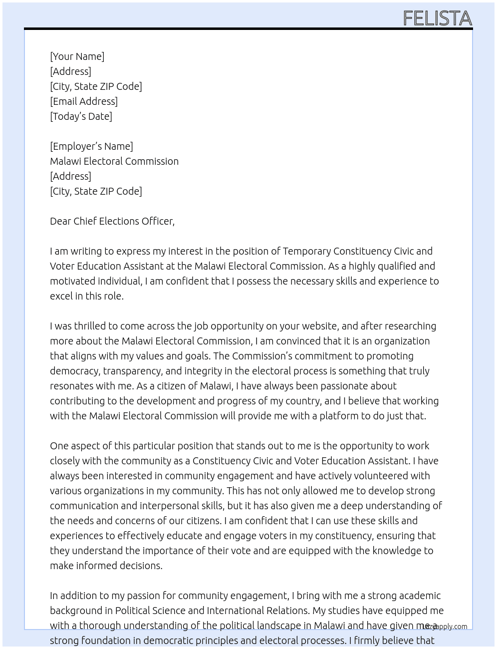 Temporary constituency civic and voter Education assistant  At Malawi Electoral commission  Cover Letter