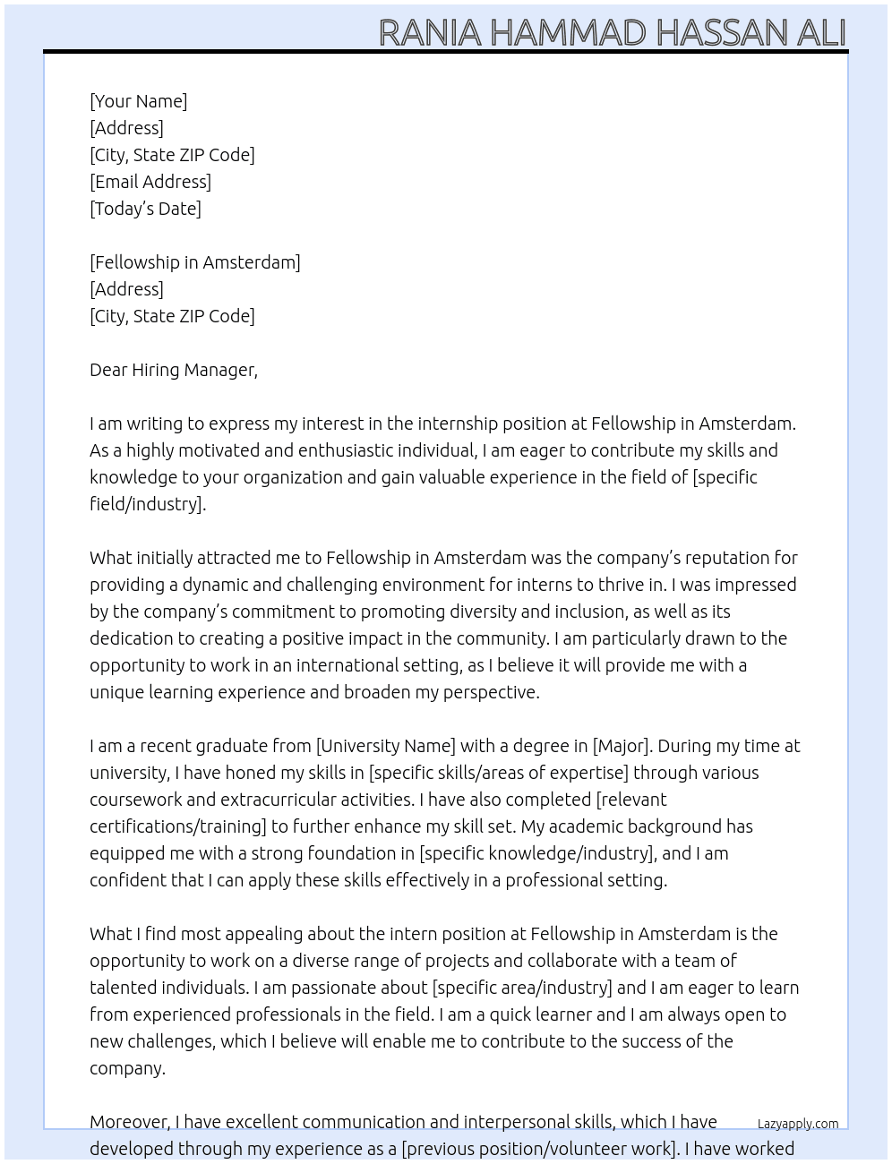 intern At Fellowship in Amsterdam Cover Letter