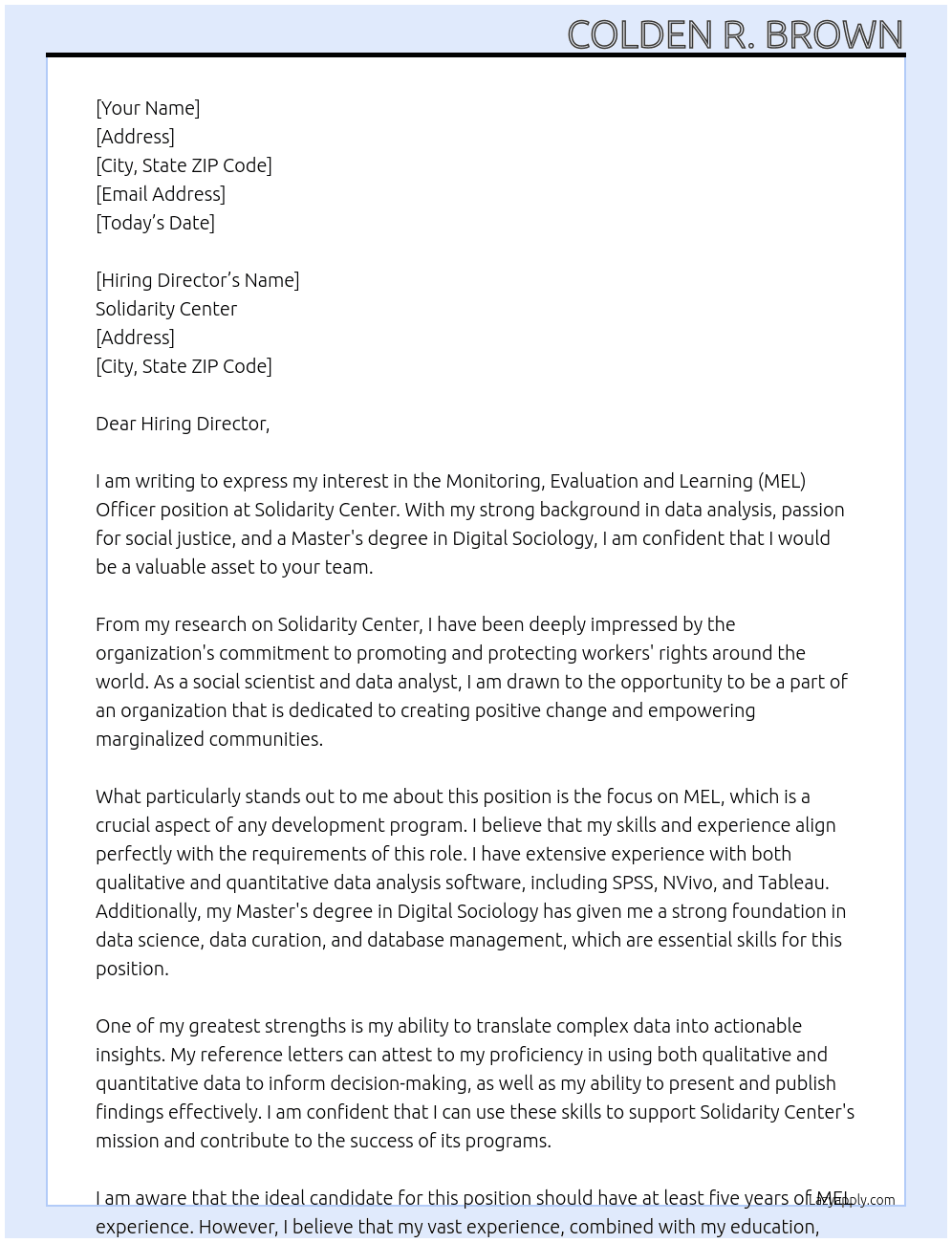 Monitoring, Evaluation and Learning (MEL) Officer At Solidarity Center Cover Letter