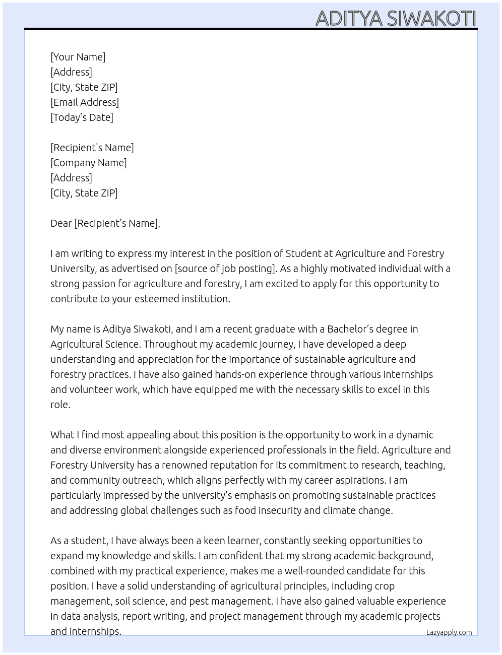 Student At Agriculture and Forestry UNiversity Cover Letter