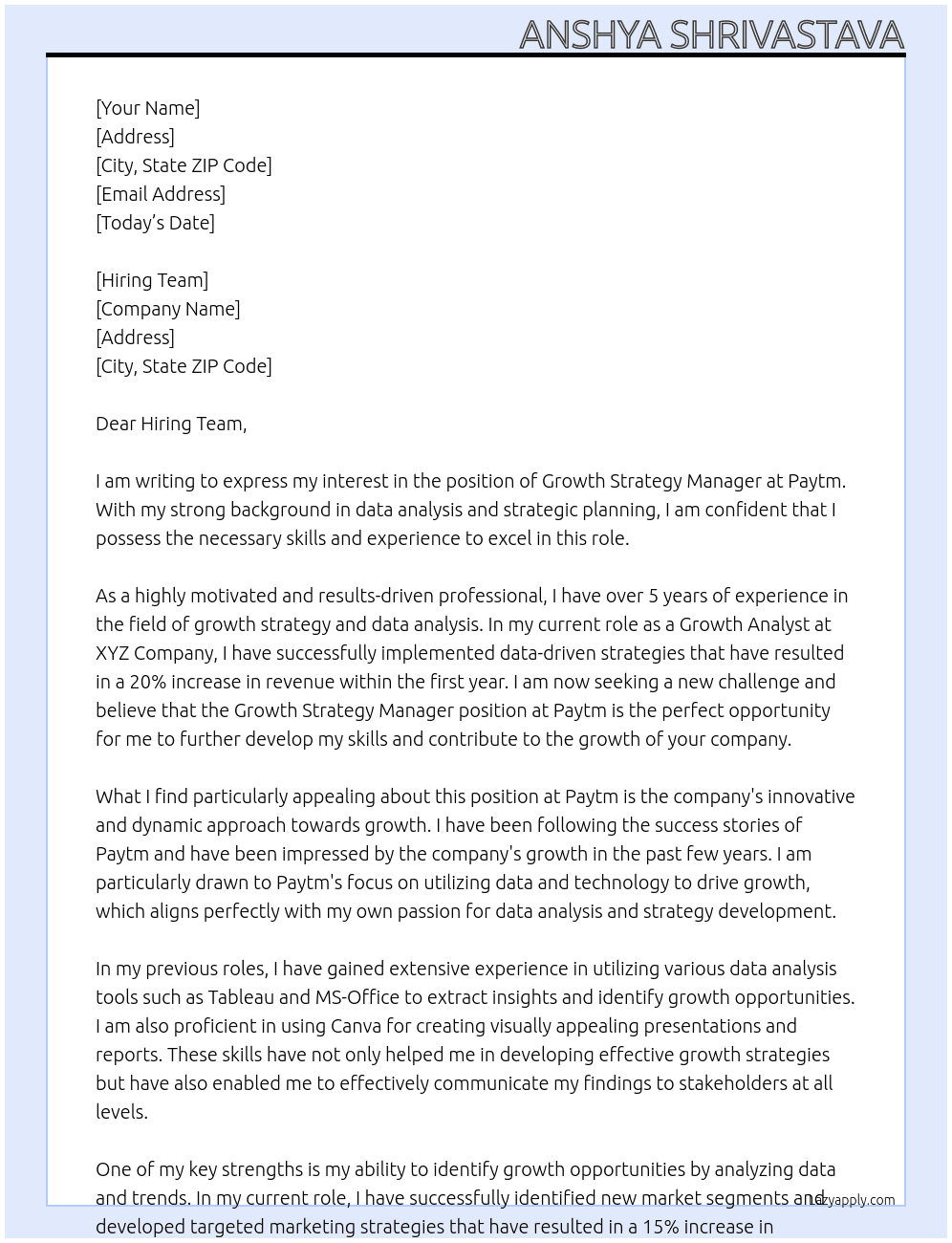 Cover letter for growth strategy manager - LazyApply