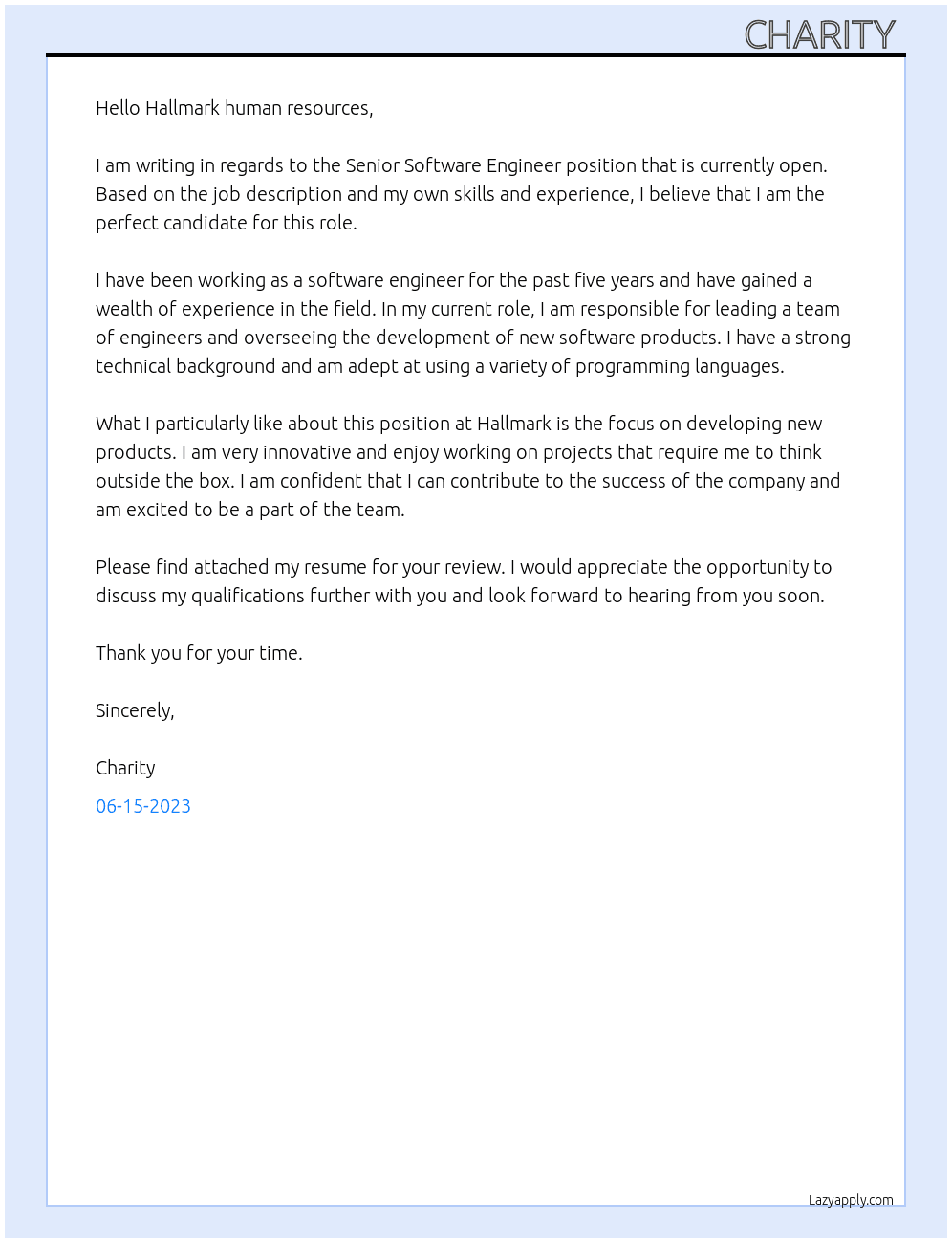 Senior Software Engineer  At Hallmark Cards Cover Letter