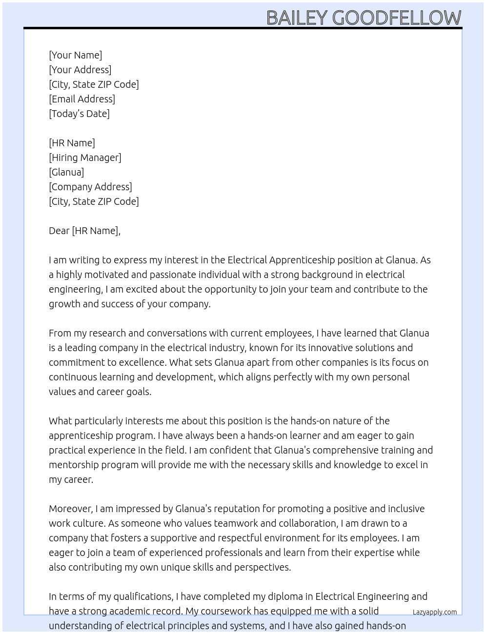 Electrical Apprenticeship At Glanua Cover Letter