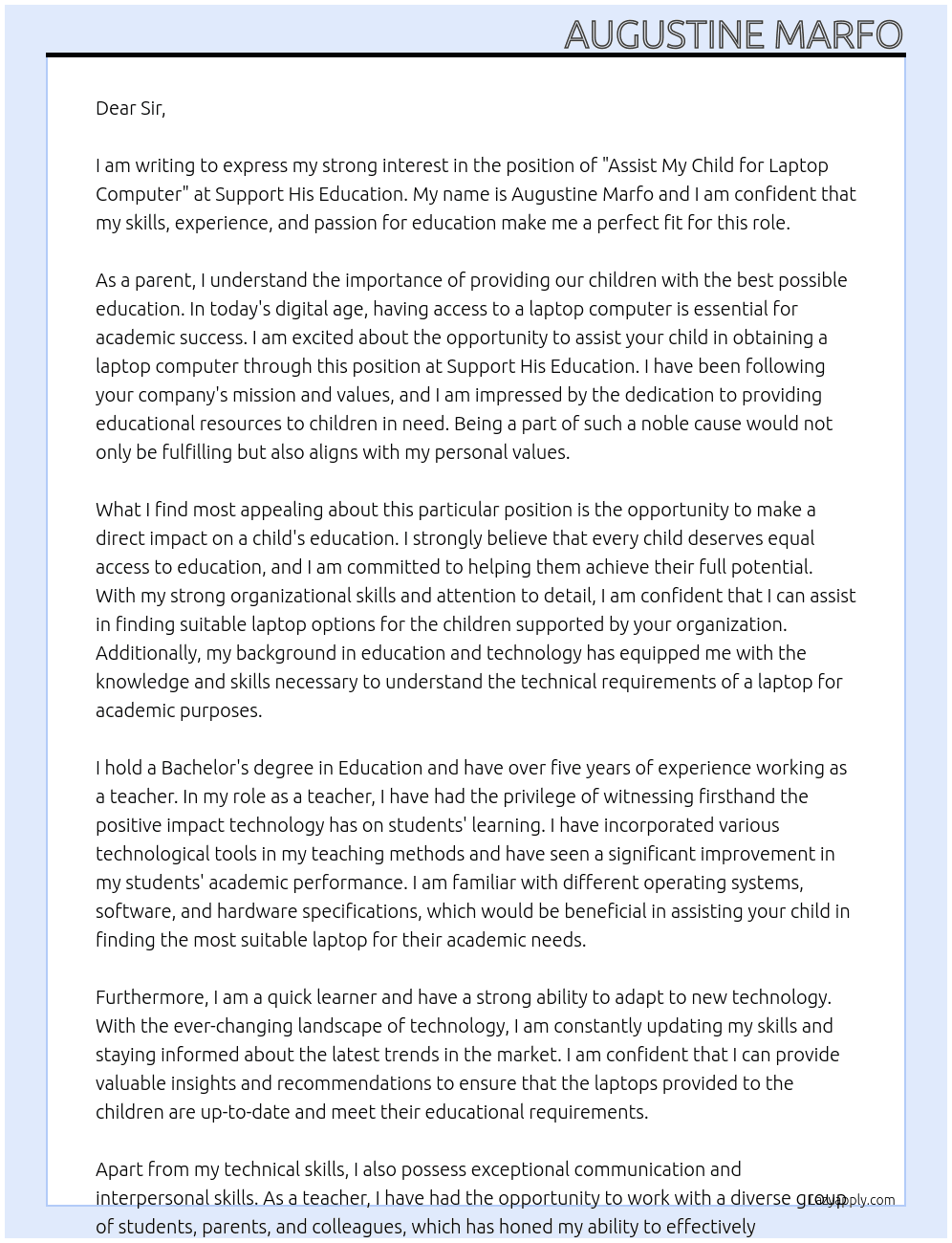 Assist My Child for Laptop Computer At support his education Cover Letter
