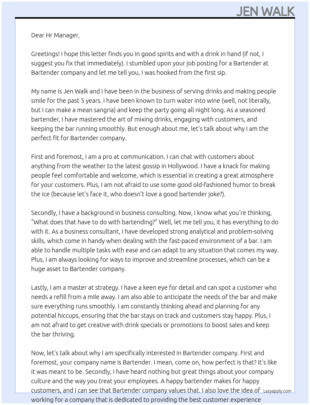Bartender At Bartender Cover Letter
