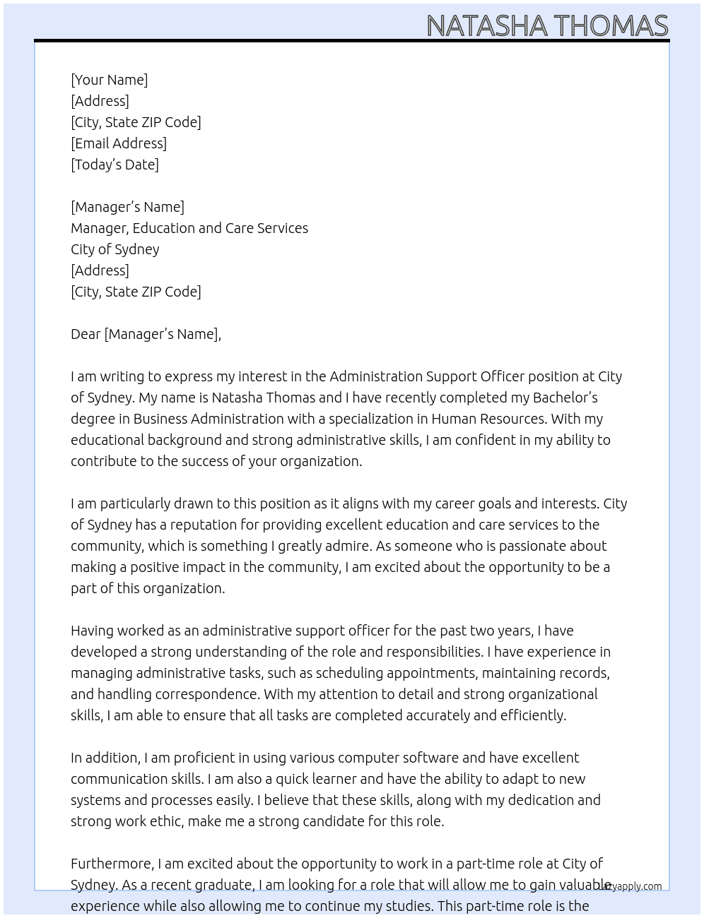 Administration Support Officer At City of Sydney Cover Letter