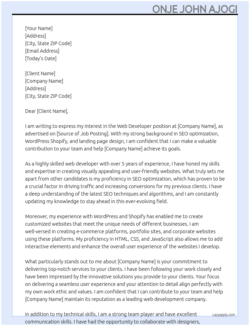 Web developer  At Clinet Cover Letter