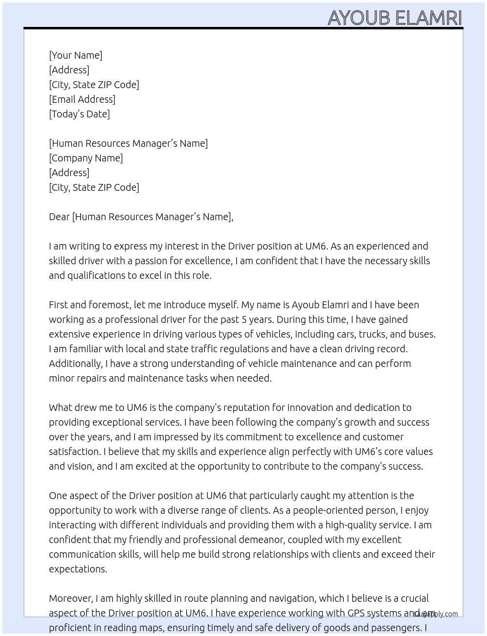 Driver At UM6 Cover Letter