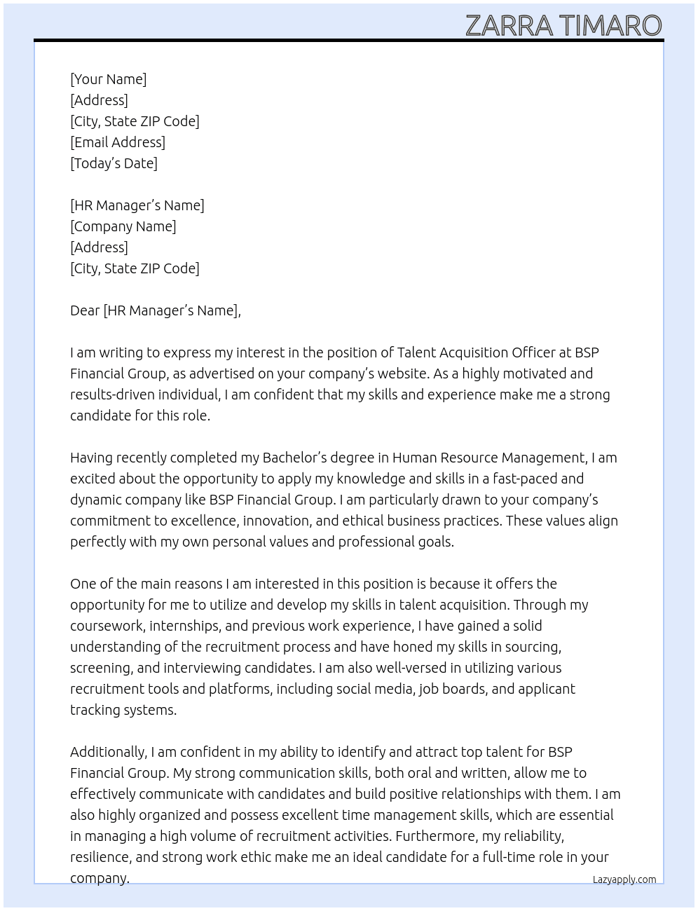 Talent Acquisition Officer At BSP Financial Group Cover Letter