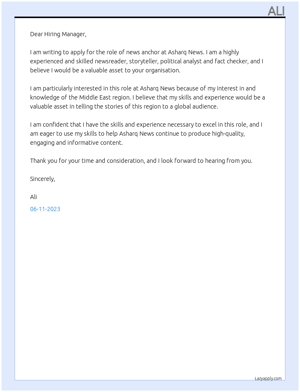 News anchor  At Asharq News Cover Letter
