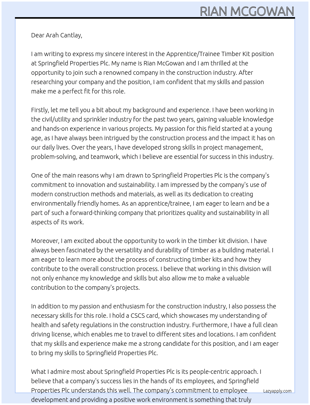Apprentice/Trainee Timber Kit At Springfield Properties Plc Cover Letter