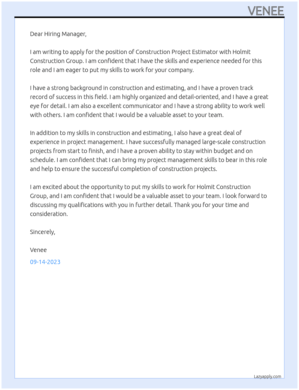 Construction Project Estimator At Holmit Construction Group Cover Letter