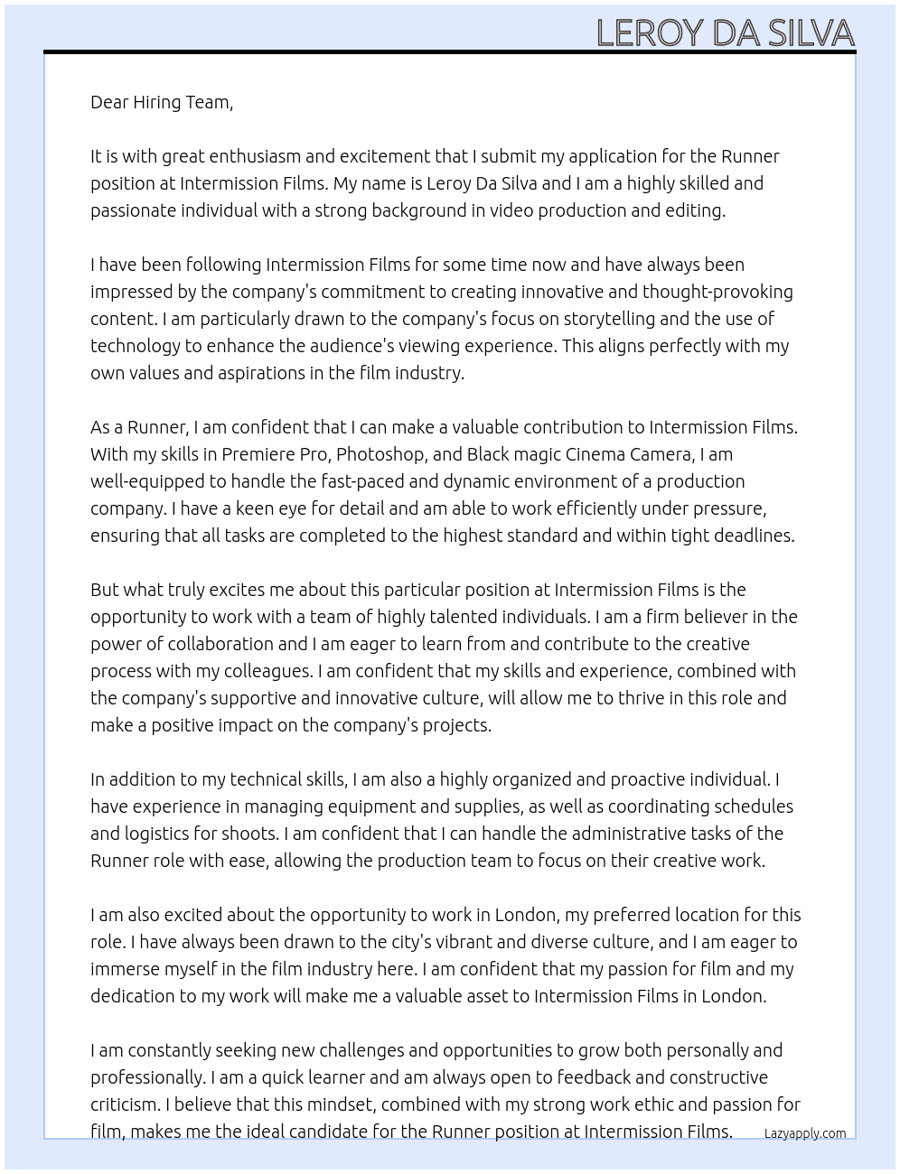 Runner At Intermission Films Cover Letter