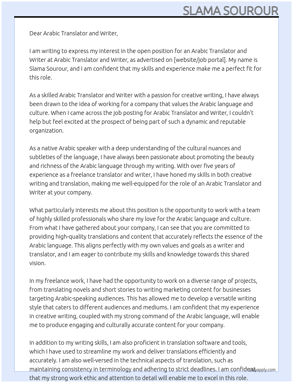 Arabic Translator and Writer At Arabic Translator and Writer Cover Letter