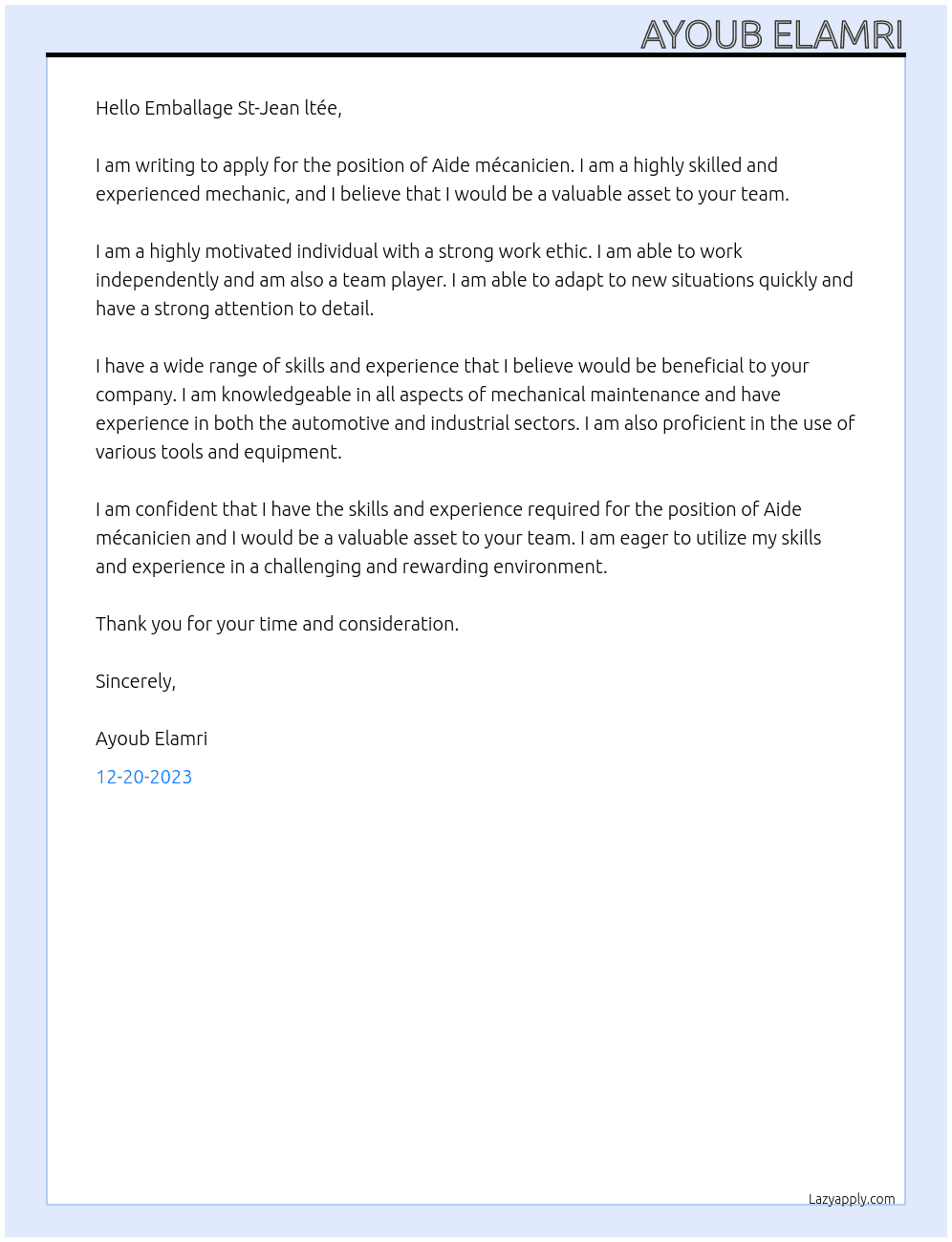 Aide mécanicien  At Aide mécanicien  Cover Letter