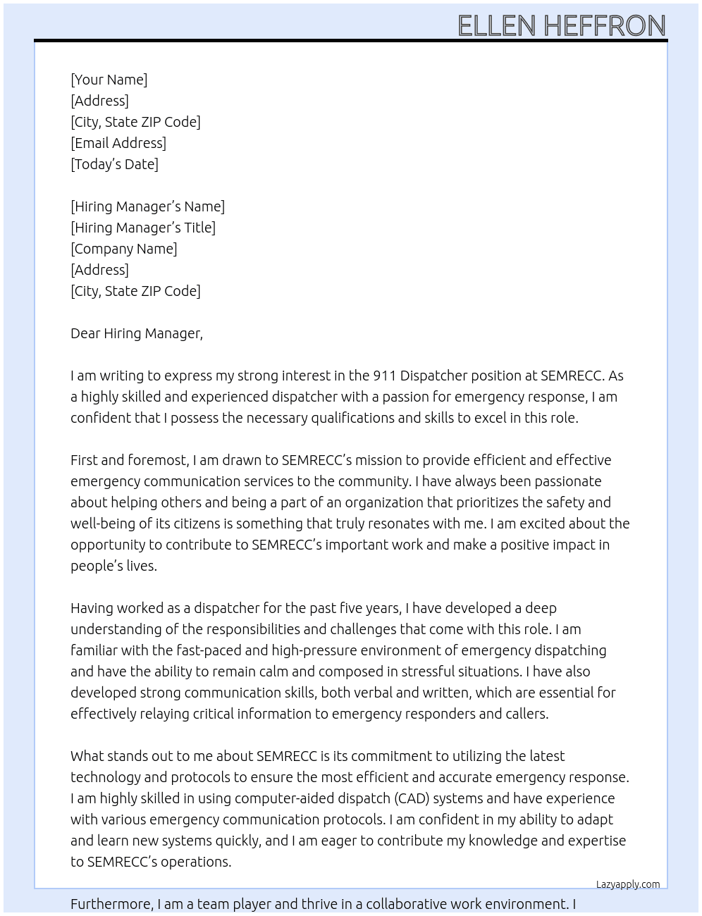 911 Dispatcher At SEMRECC Cover Letter