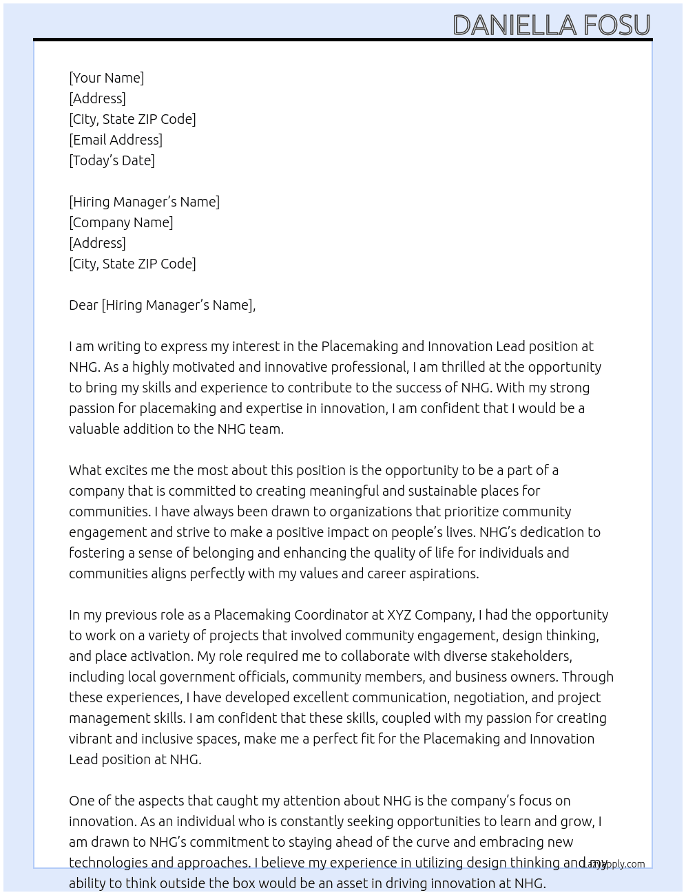 placemaking and innovation lead At nhg Cover Letter