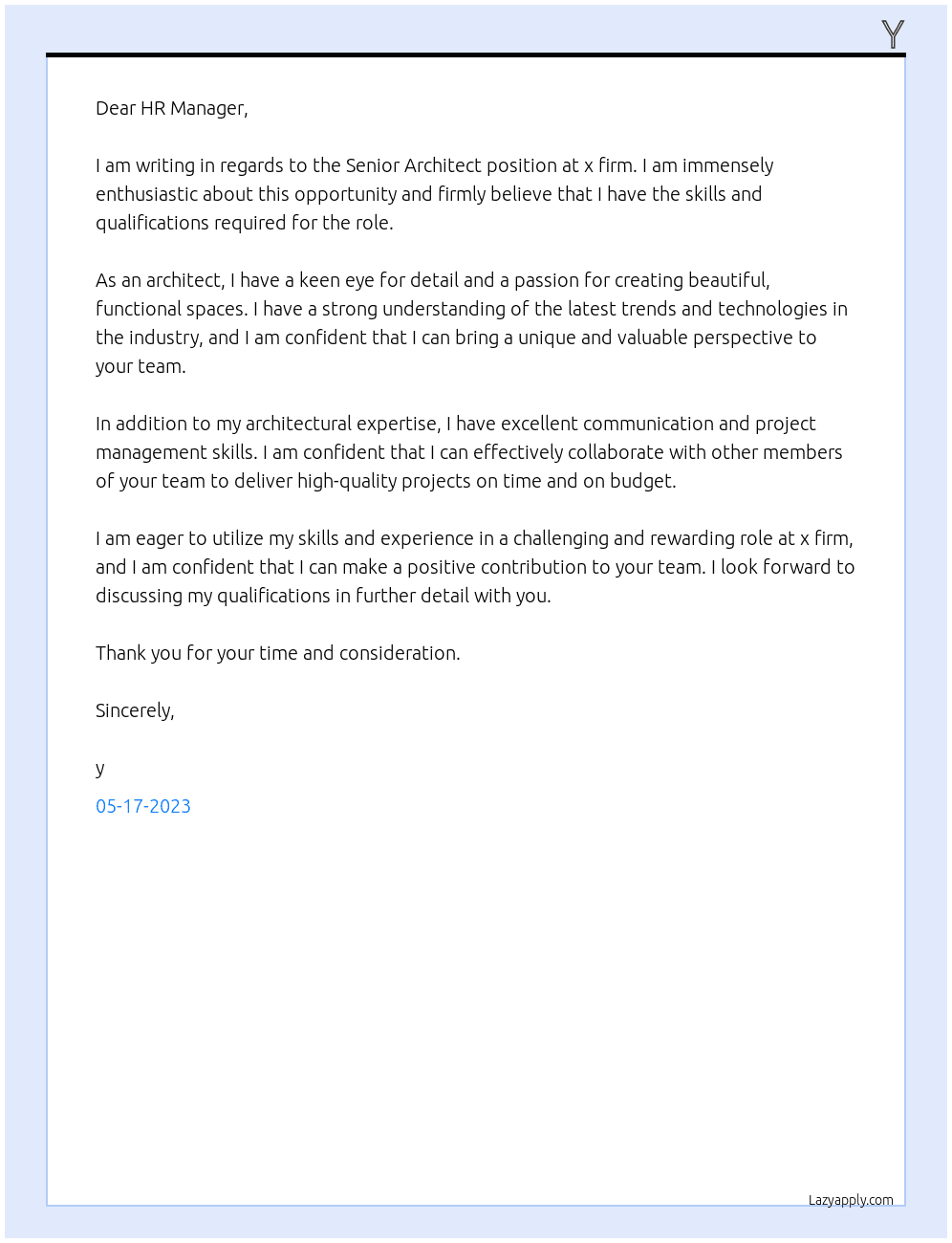 Senior Architect At x firm Cover Letter