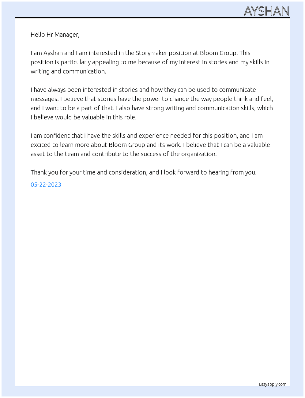 Storymaker At Bloom Group Cover Letter