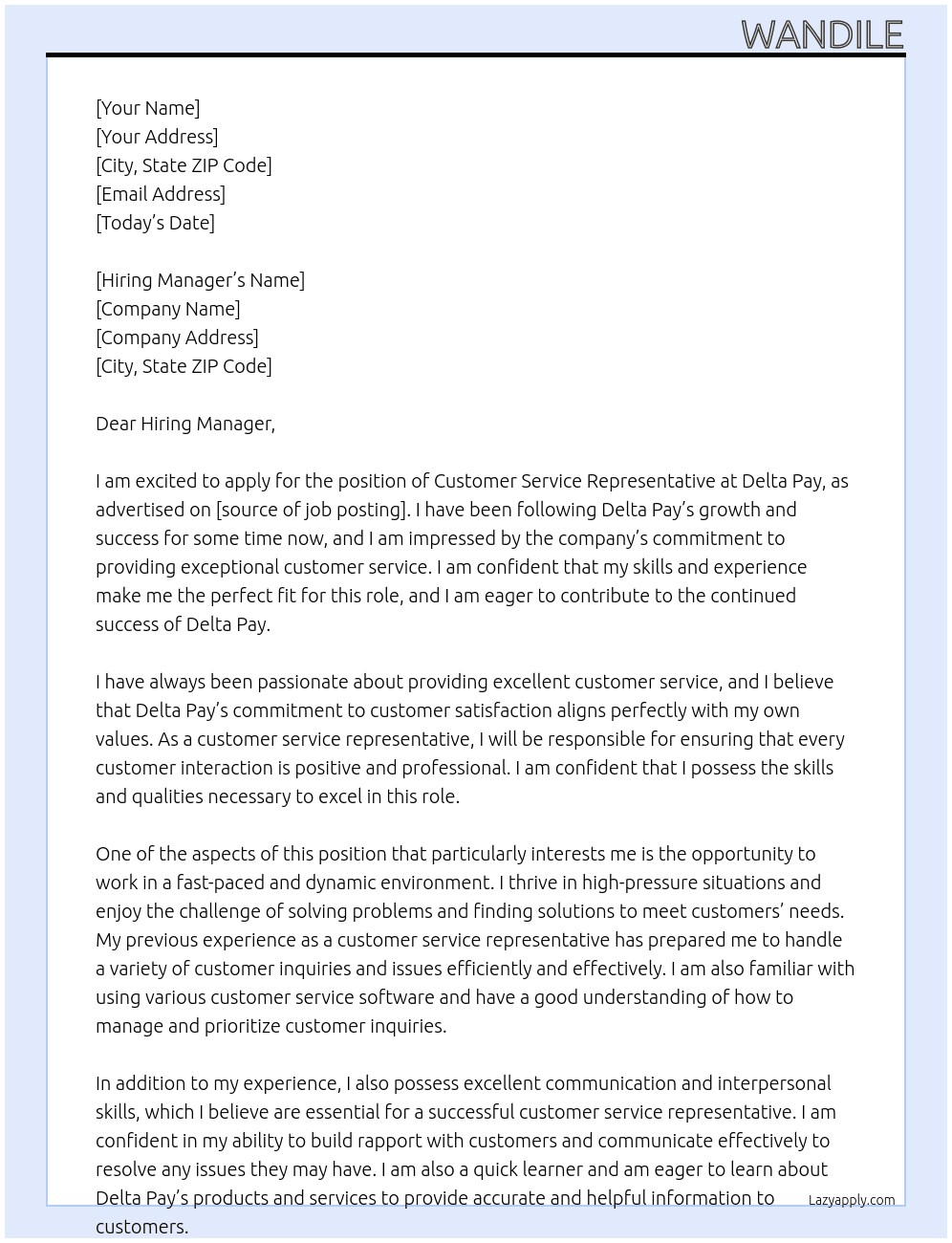 Customer Service Representative At Delta Pay Cover Letter