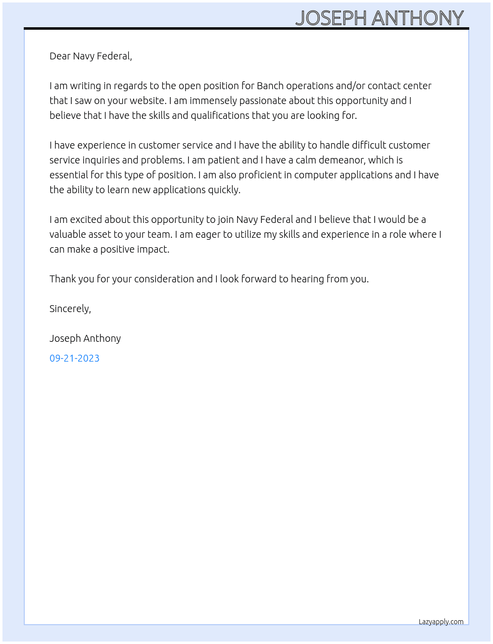 Banch operations and/or contact center At Navy Federal  Cover Letter