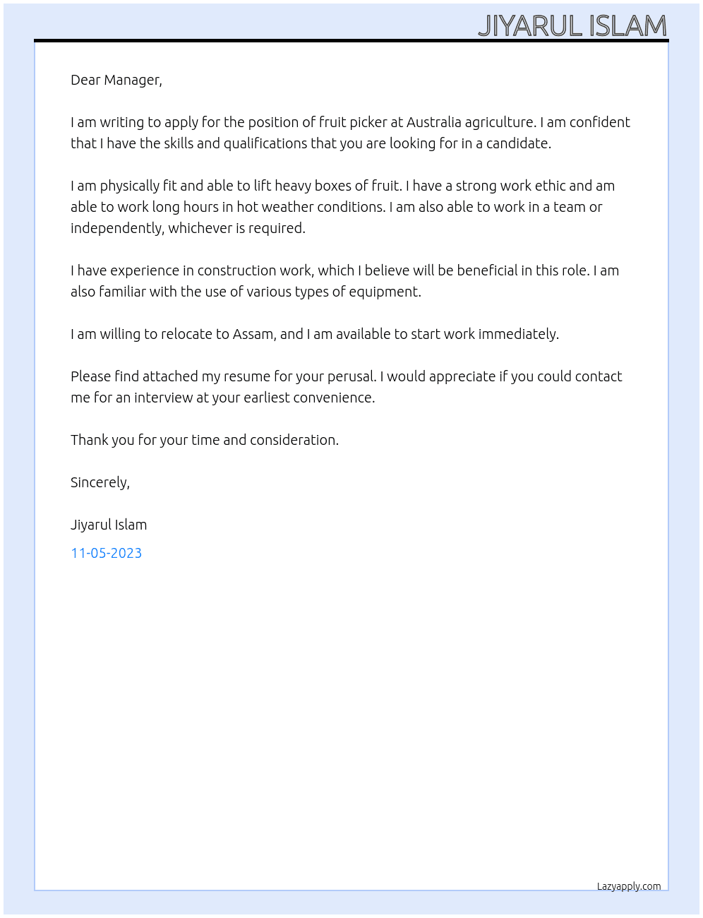 Fruit pickar  At Australia agriculture  Cover Letter