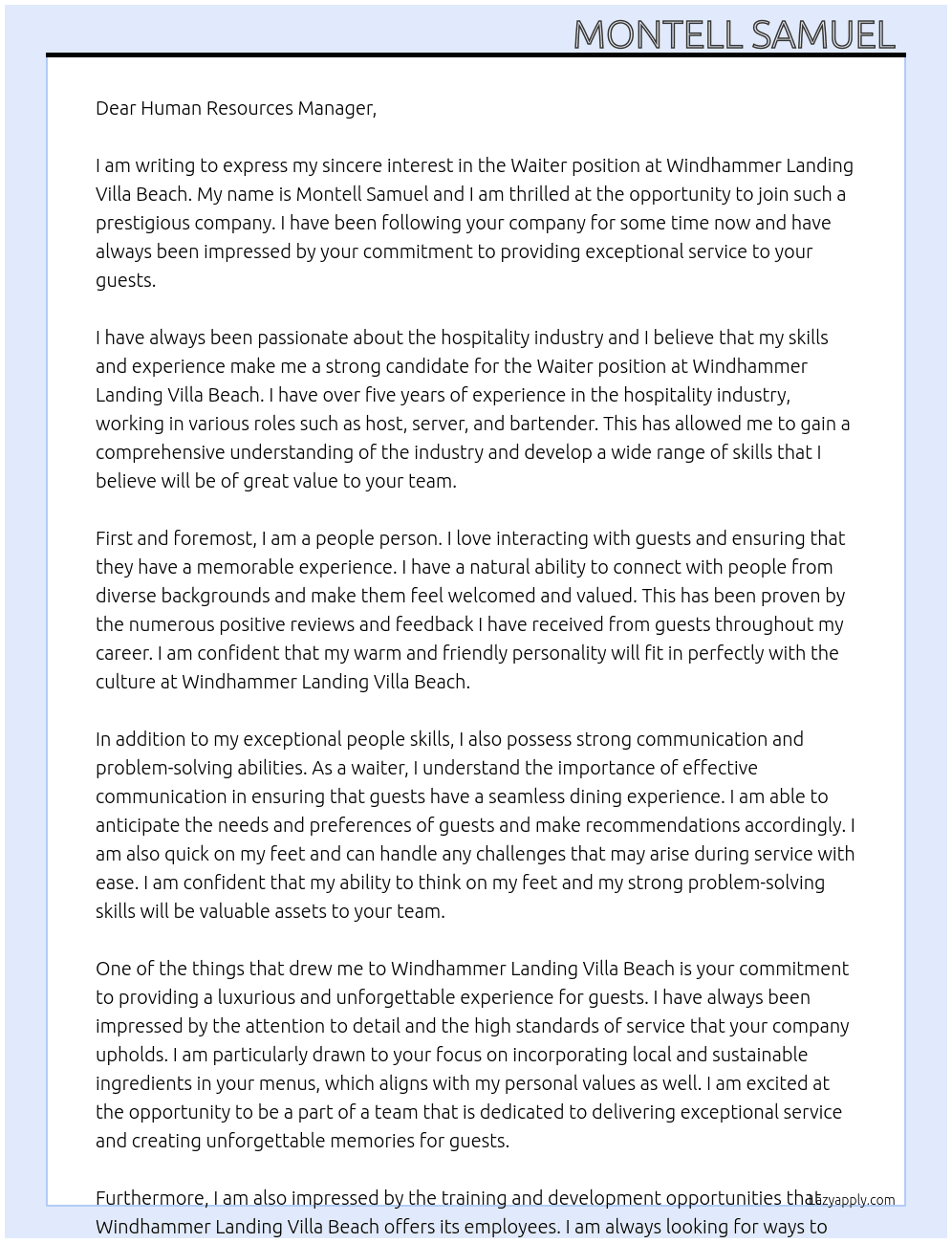 Waiter At Wind hammer Landing Villa Beach  Cover Letter