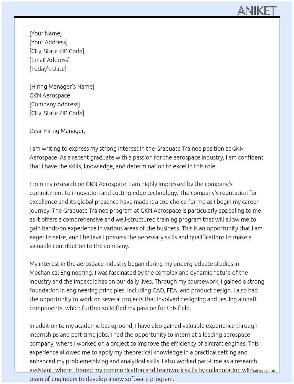 Graduate trainee  At GKN Aerospace  Cover Letter
