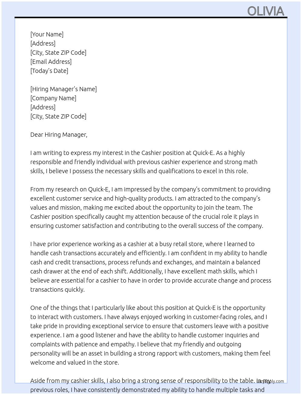Cashier At Quick-E Cover Letter