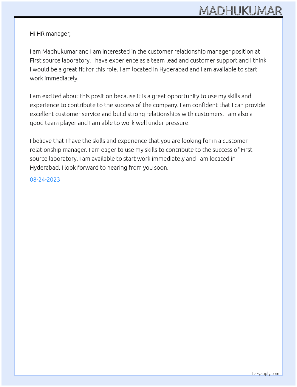 Customer relationship manager  At First source laboratory  Cover Letter