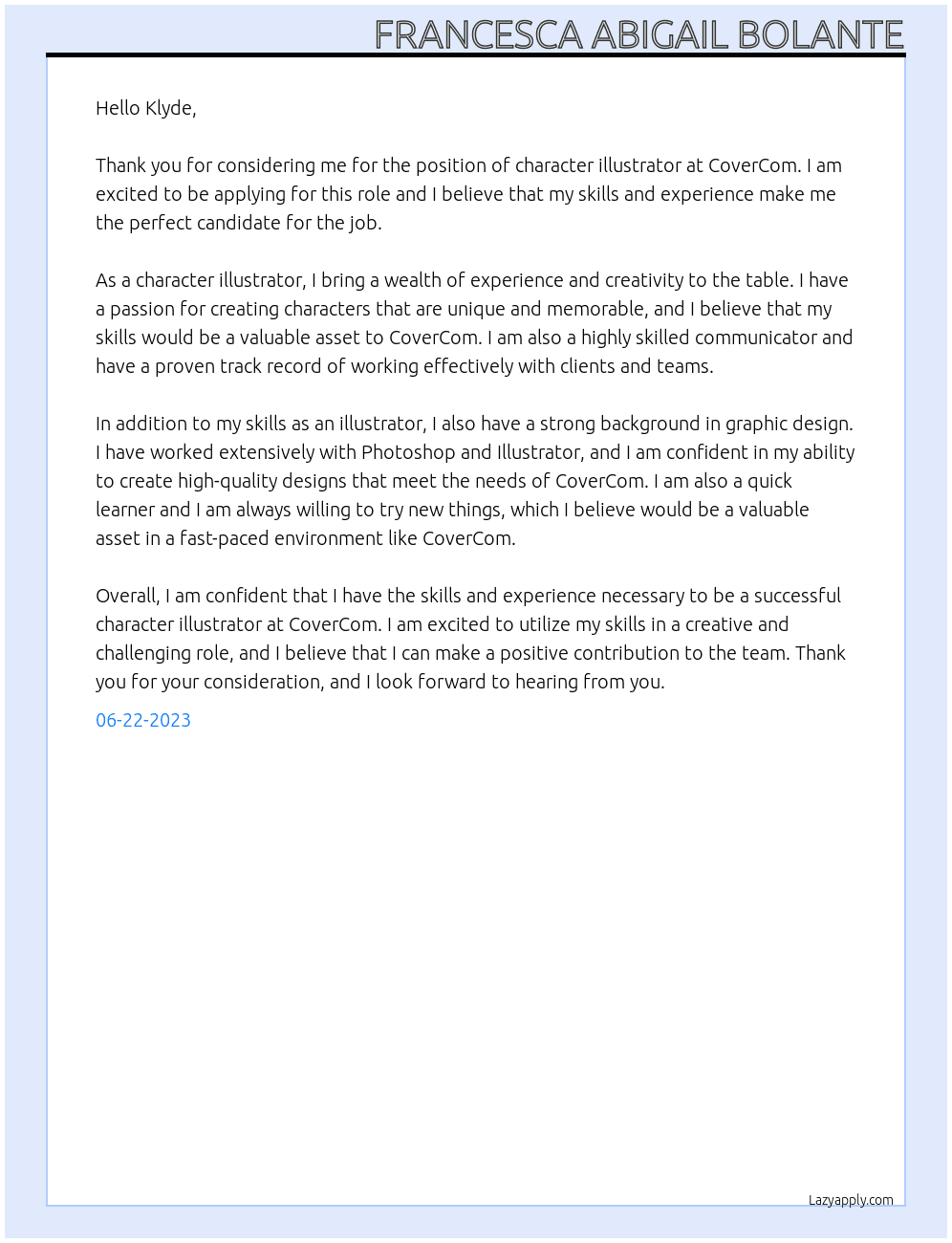 Character Illustrator At CoverCom Cover Letter