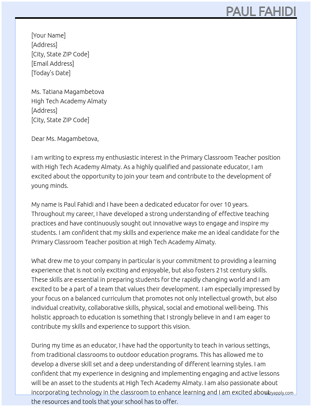 Primary Classroom Teacher At High Tech Academy Almaty Cover Letter
