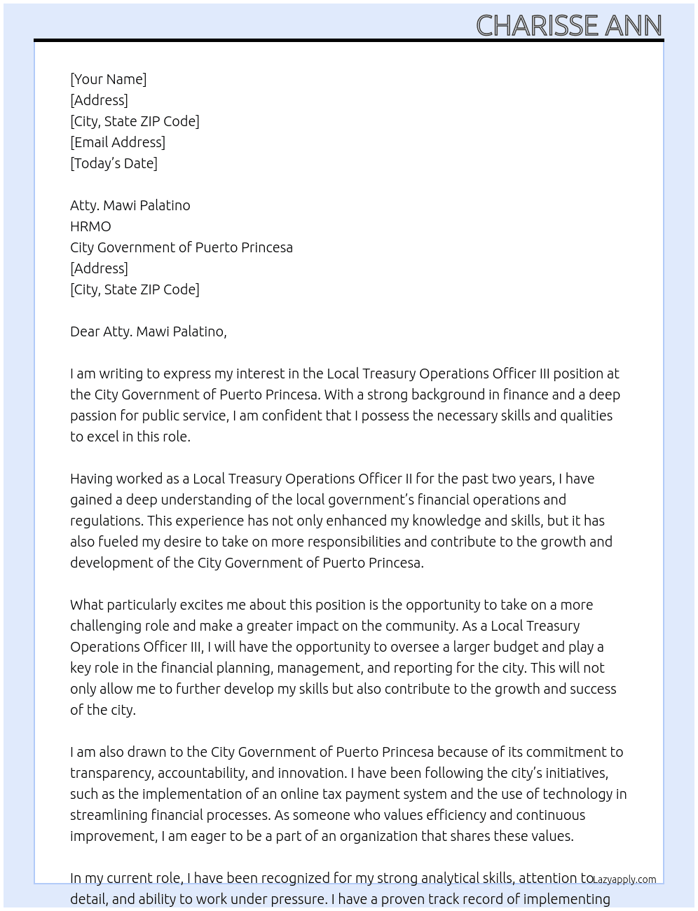 Local Treasury Operations Officer III At City Government of Puerto Princesa Cover Letter