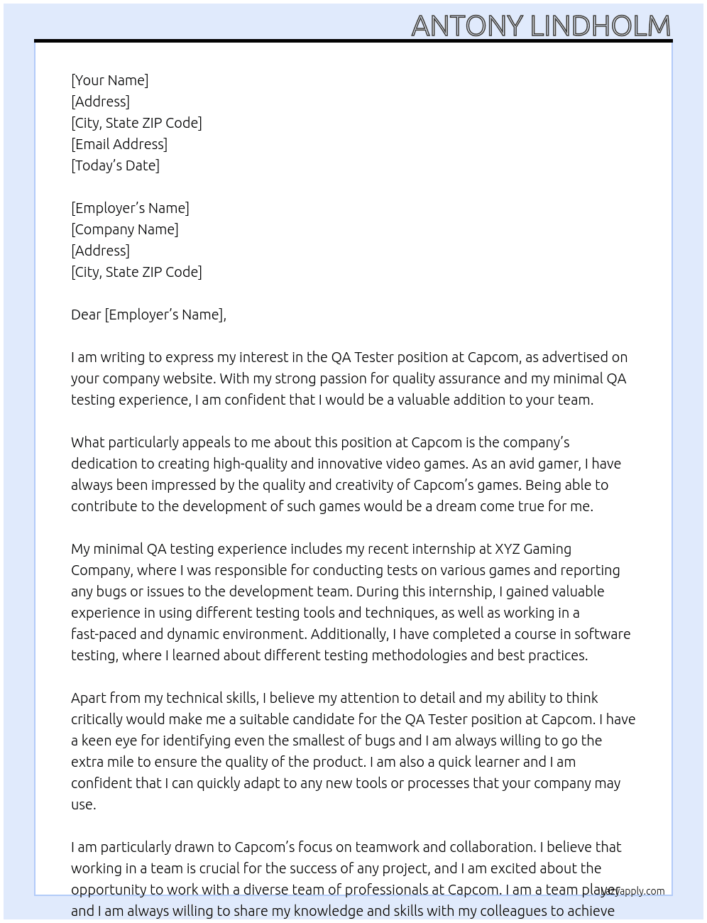 QA Tester At Capcom Cover Letter