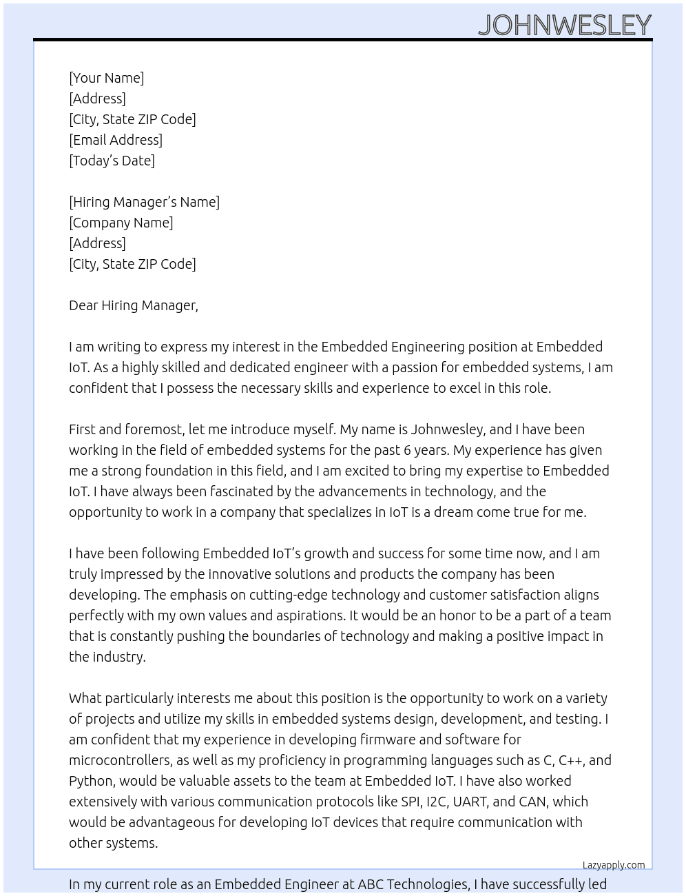 Embedded engineering At Embedded iot Cover Letter