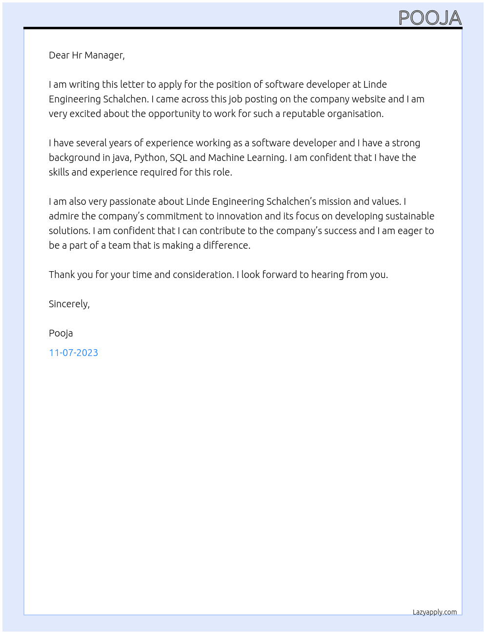 Software Developer At Linde Engineering Schalchen Cover Letter