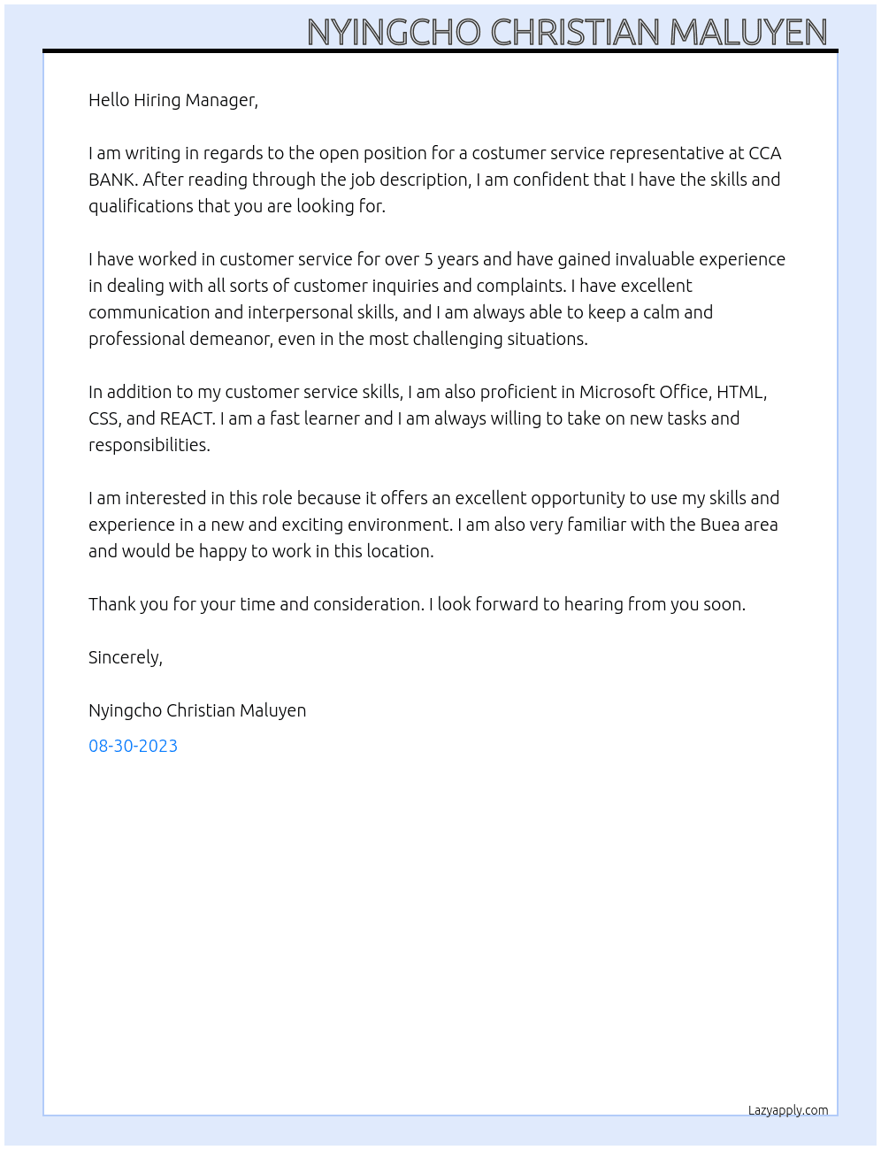 Costumer service  At CCA BANK  Cover Letter