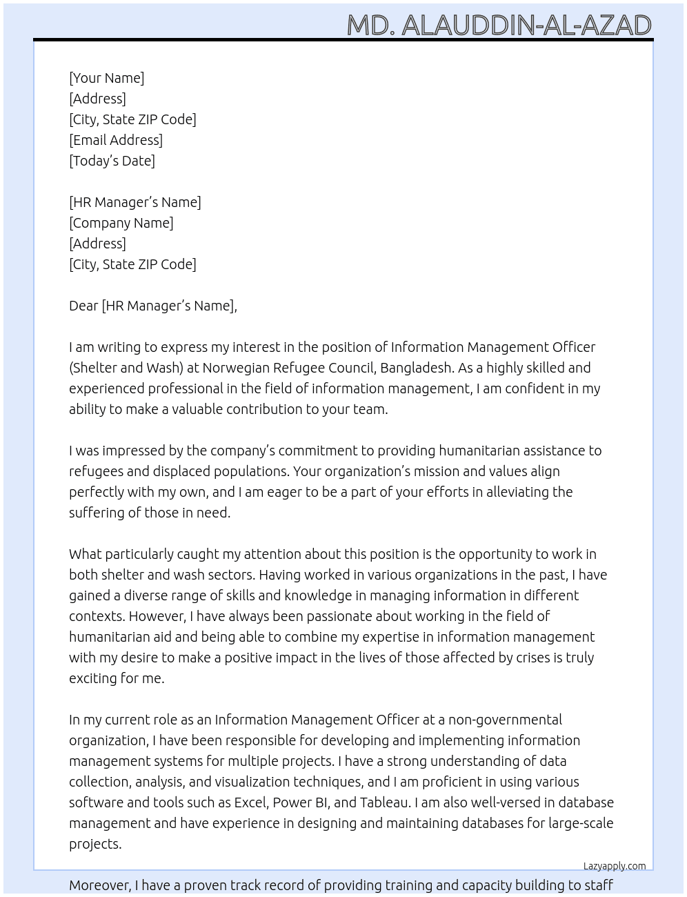 Information Management Officer (Shelter and Wash) At Norwegian Refugee Council, Bangladesh Cover Letter