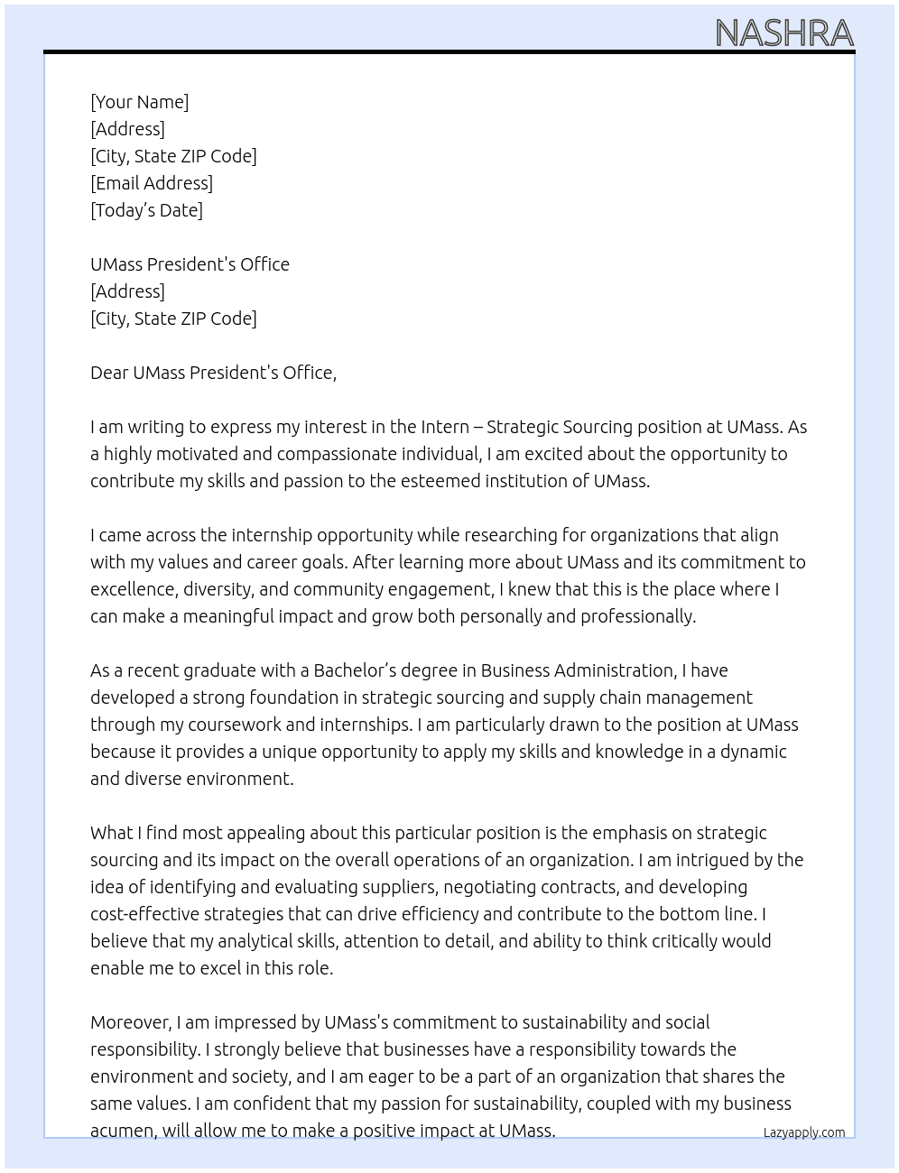 Intern –Strategic Sourcing At Umass Cover Letter