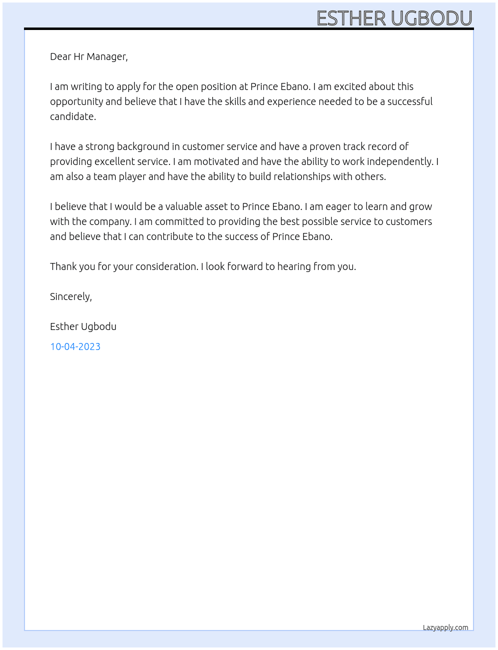 Open role  At Prince Ebano Cover Letter