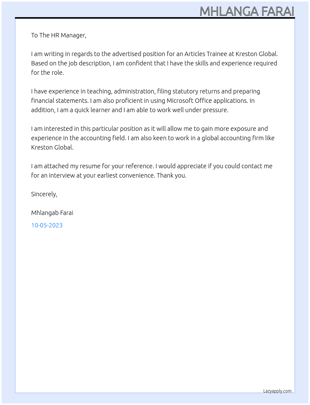 Articles trainee At Kreston Global Cover Letter
