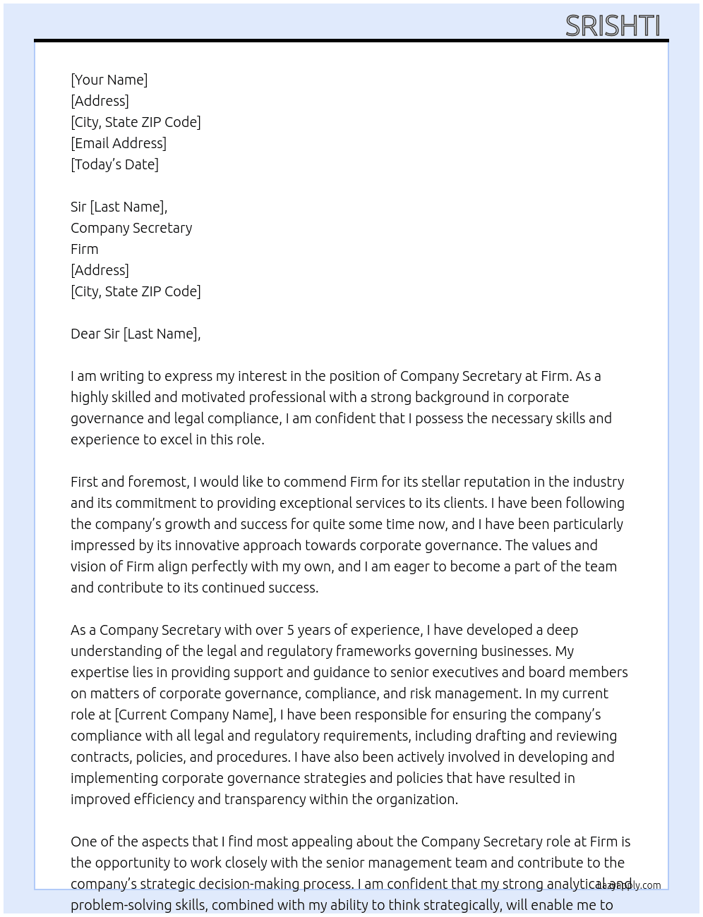 Company secretary  At Firm Cover Letter