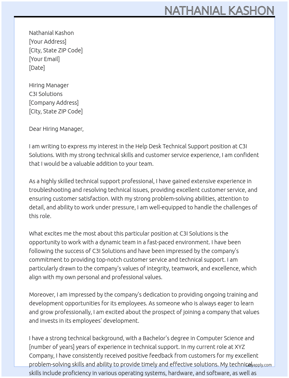 Help Desk Technical Support At C3I Solutions Cover Letter