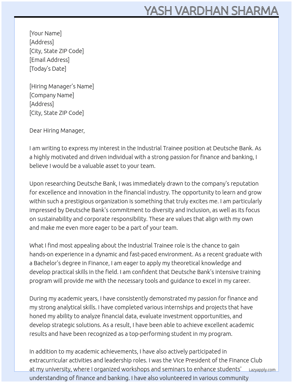 Industrial Trainee At Deutsche Bank Cover Letter
