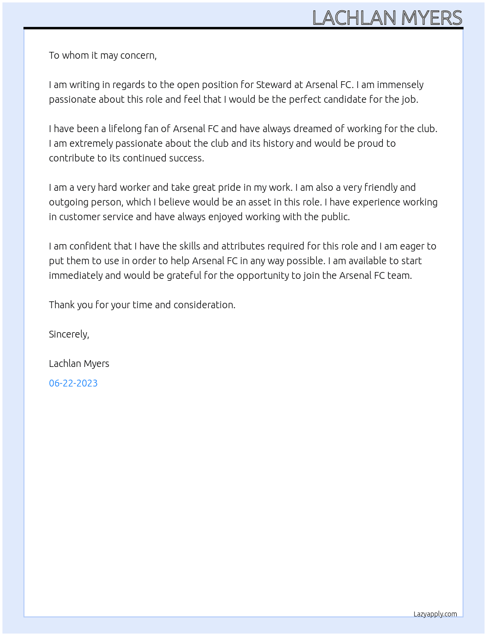 Steward At Arsenal FC Cover Letter