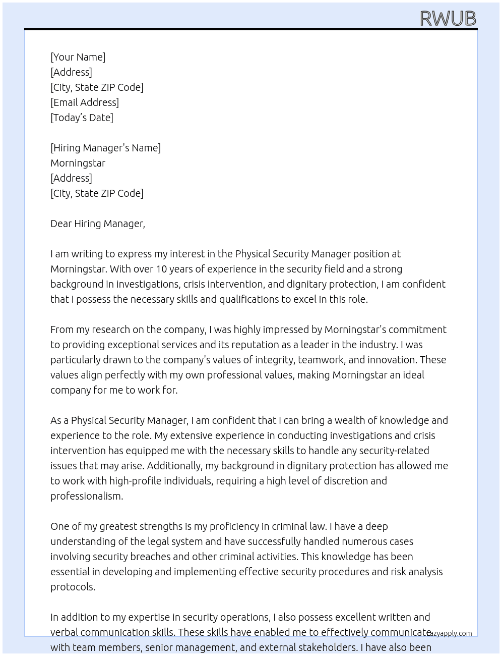 Physical Security Manager At Morningstar Cover Letter