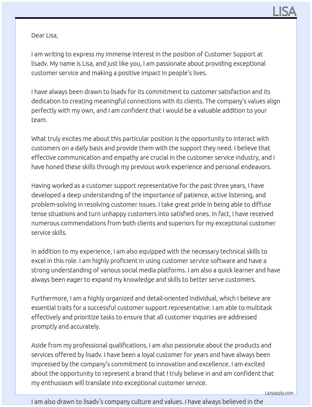 Customer Support  At lisadv Cover Letter