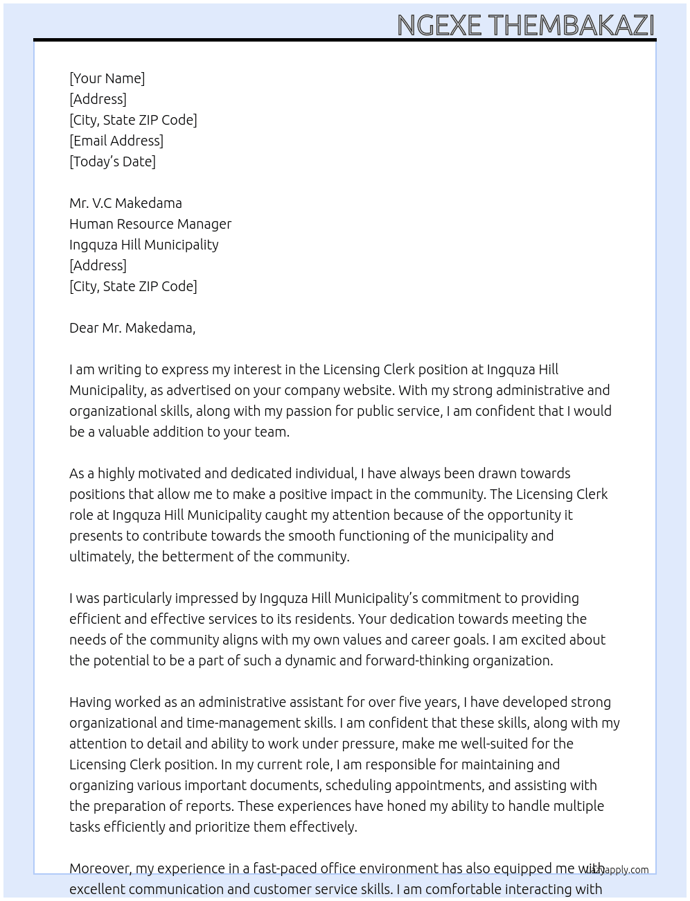 Licensing clerk x2  At Ingquza hill municipality Cover Letter