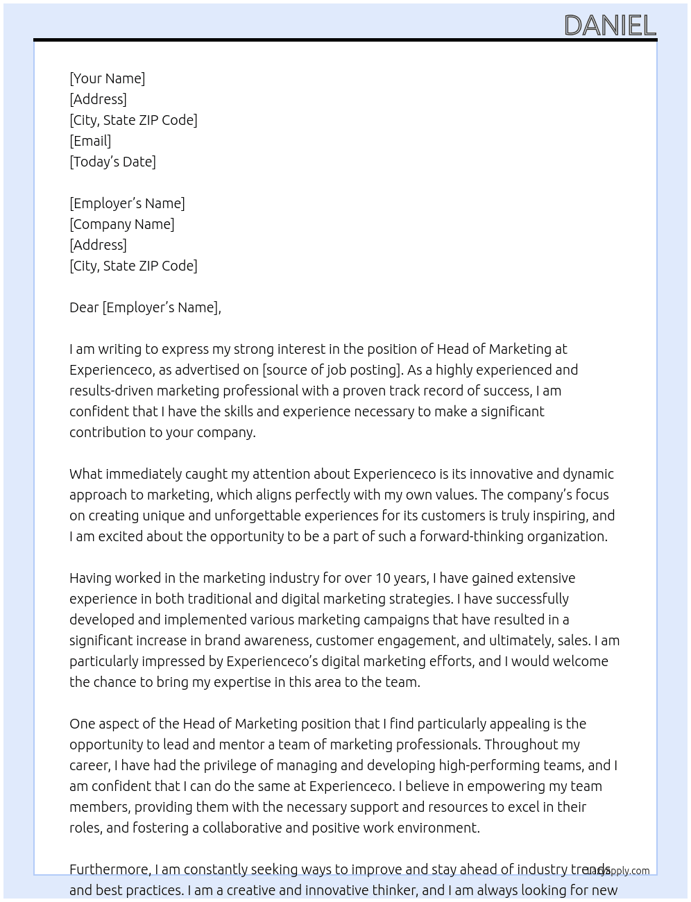 Head of Marketing At Experienceco Cover Letter