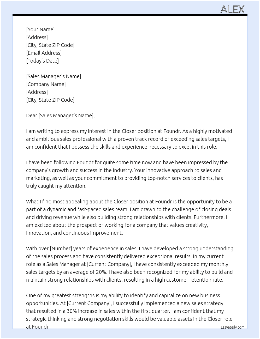 Cover letter for closer - LazyApply